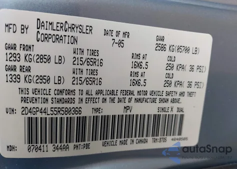 2005 Dodge Grand Caravan Sxt z USA, uszkodzony, nr VIN 2D4GP44L55R580366